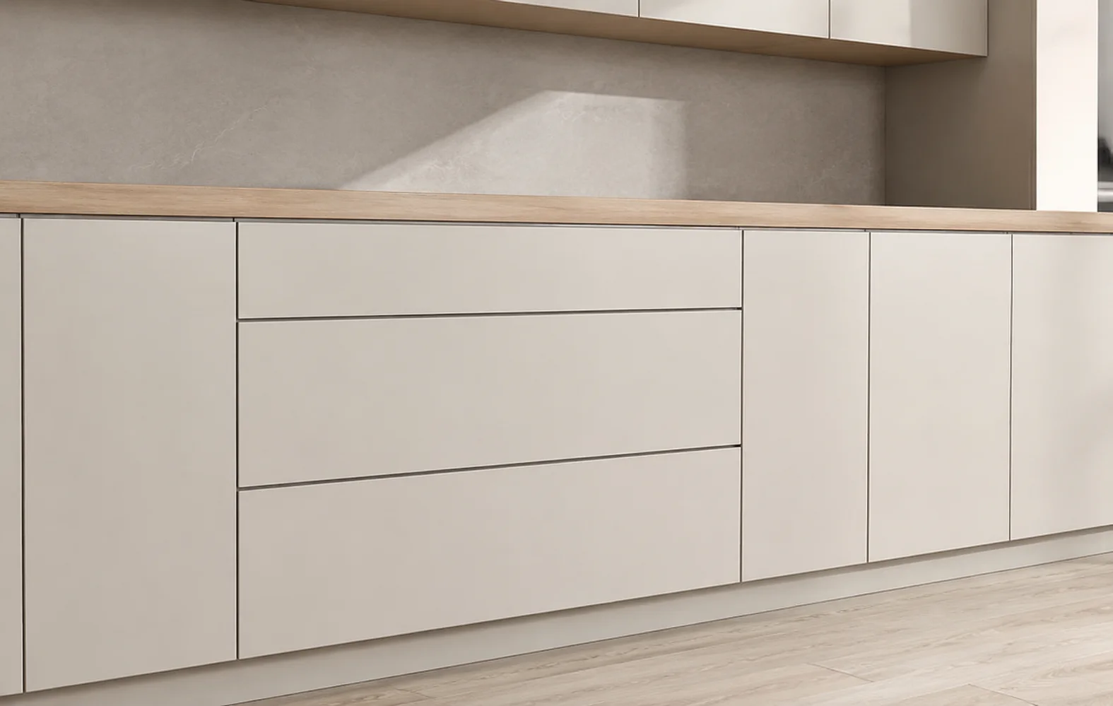 Cabinet front with a clean soft-close drawer layout
