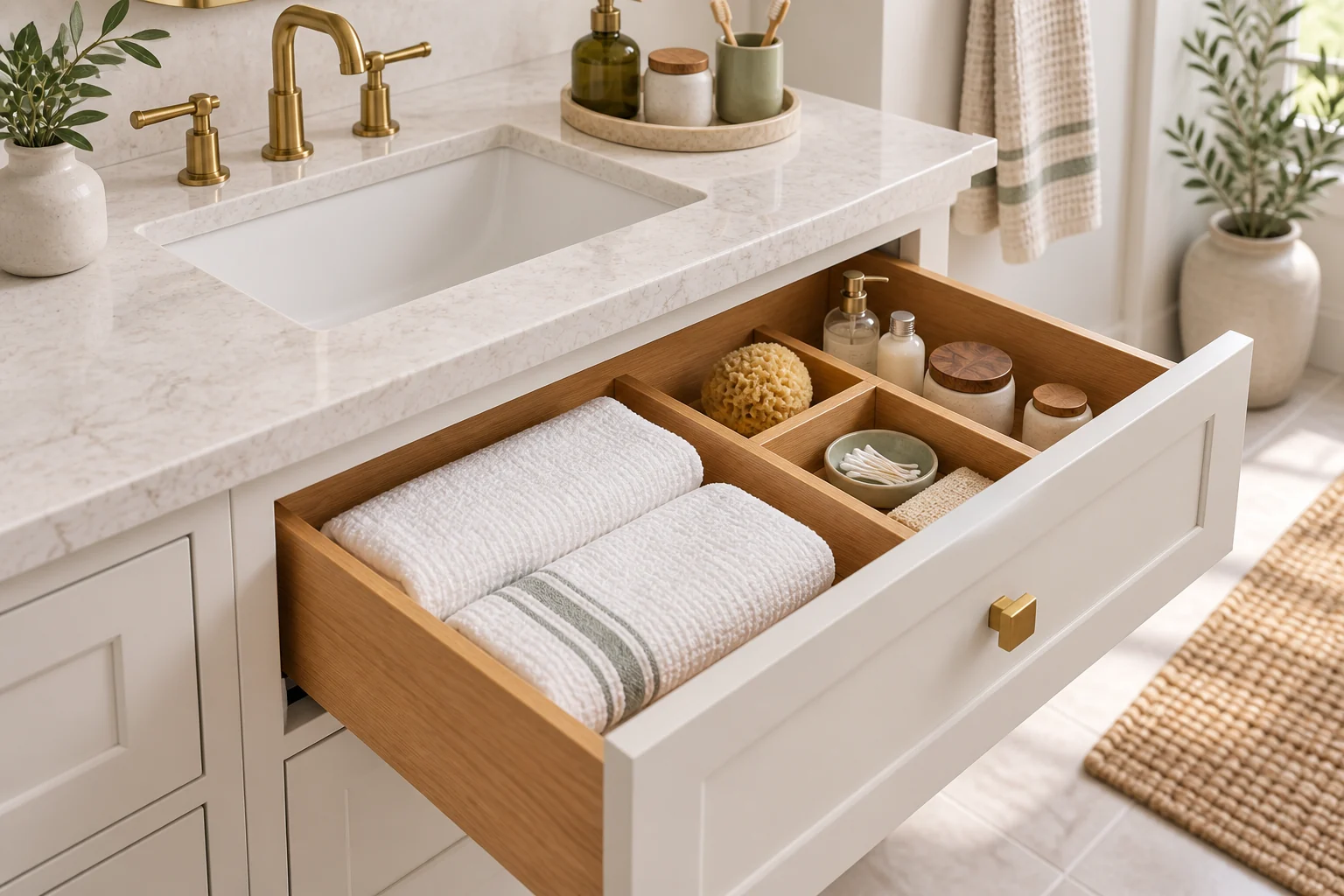 Open oak bathroom vanity drawer holding towels and toiletries
