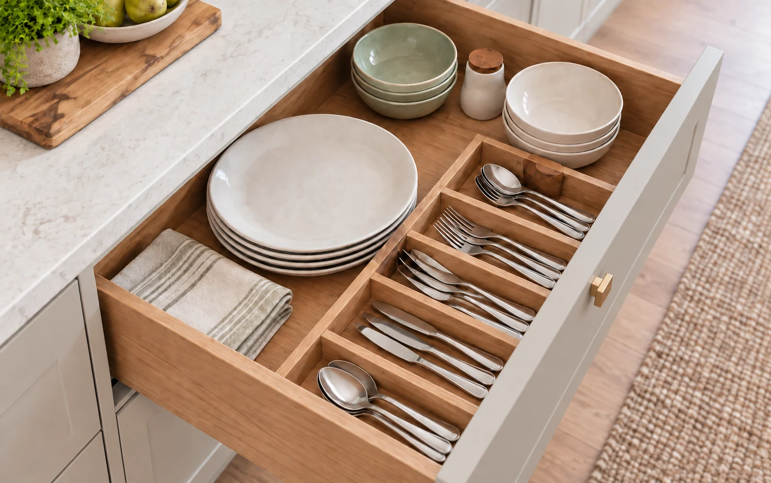 Open kitchen drawer with organized dishes and cutlery