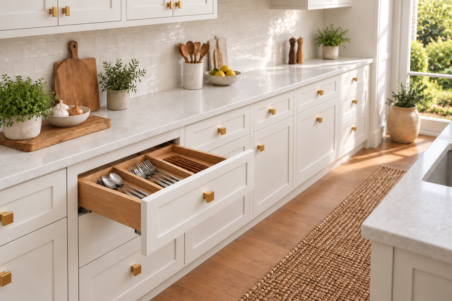 Half-open oak kitchen drawer with spoons, forks, and chopsticks