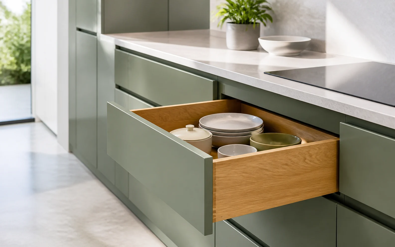 Hidden drawer slides in modern cabinet design