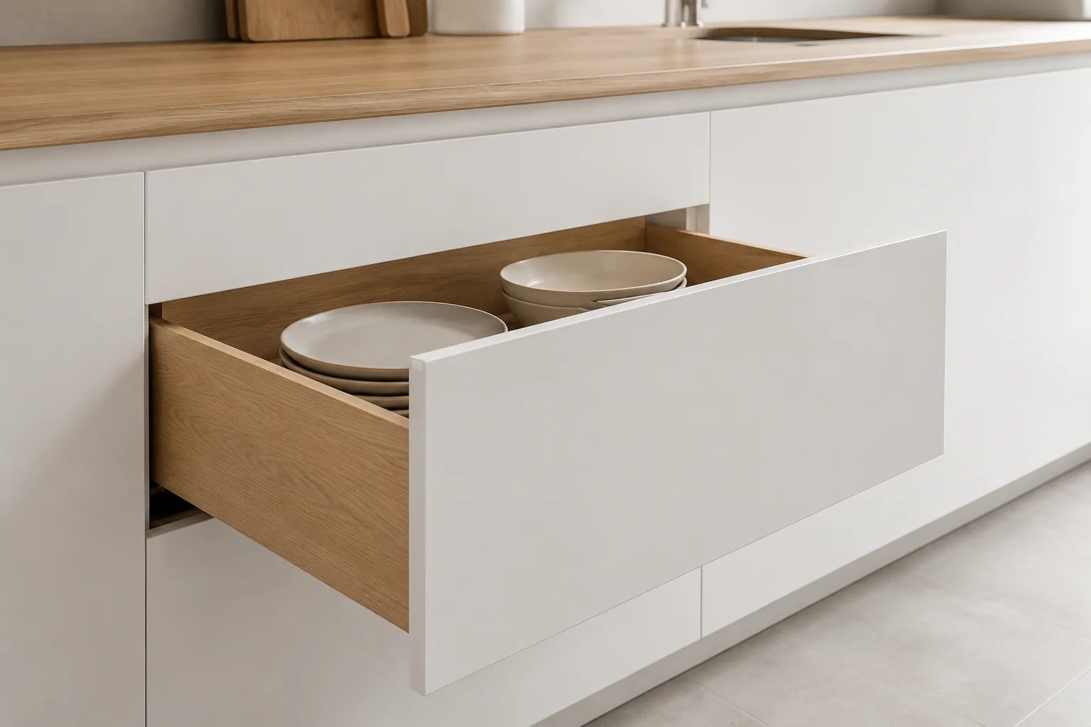 Hidden drawer slide in a modern cabinet